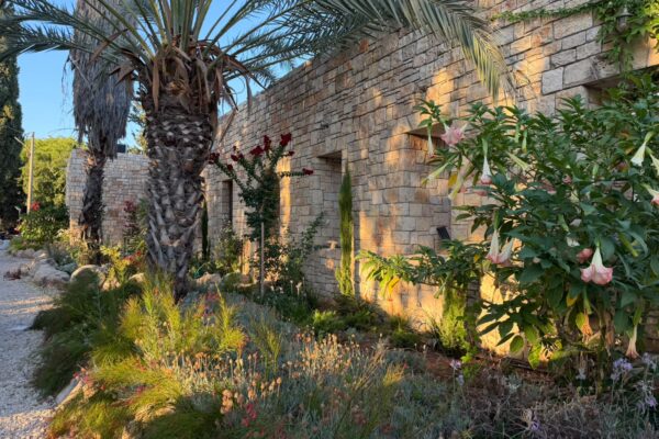 חזית אבן עם שני פתחי קשת גדולים באור שקיעה זהוב, בית האבן במשמר איילון
