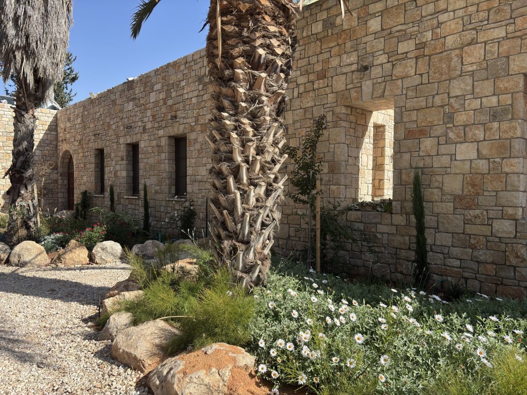 חזית בית האבן עם דקל, שביל חצץ ודלת מקושתת — בית האבן במשמר איילון