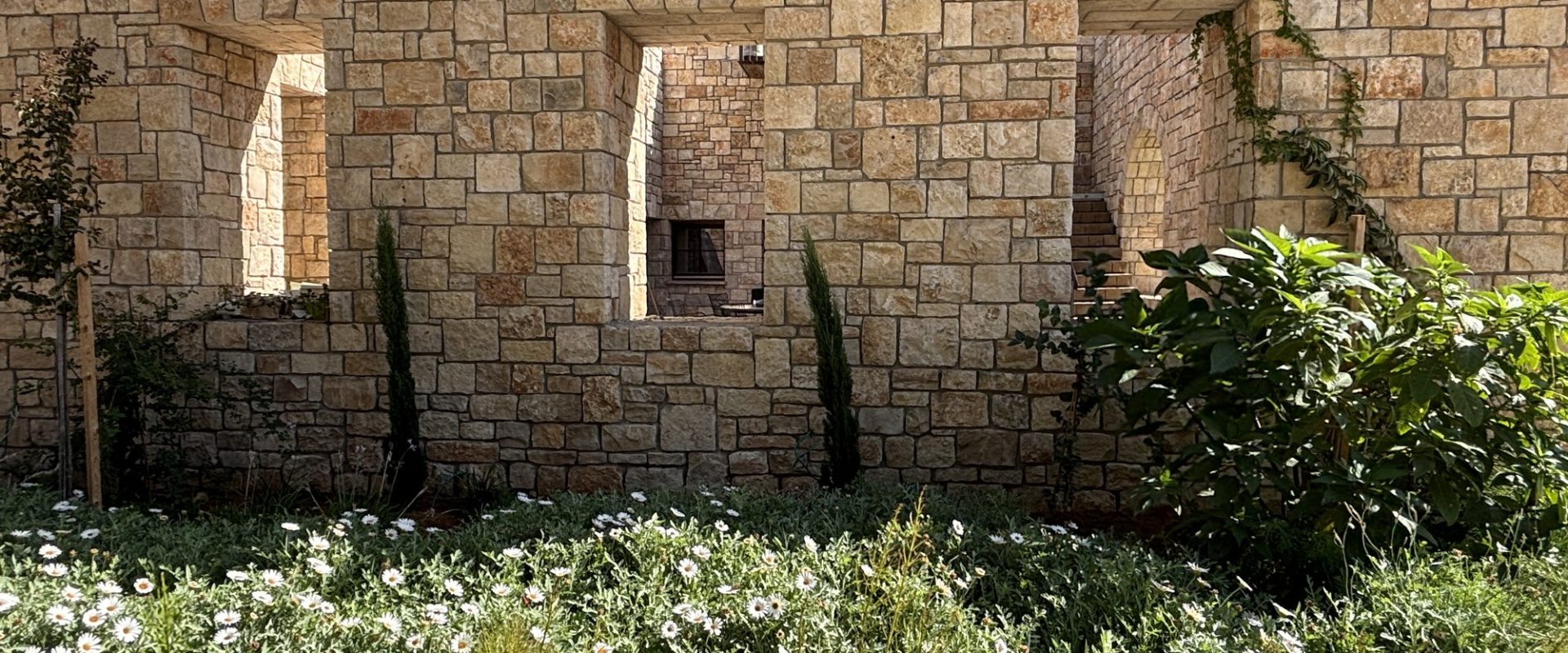 קיר אבן עם שלושה פתחים וגינת מרגניות – בית האבן במשמר איילון